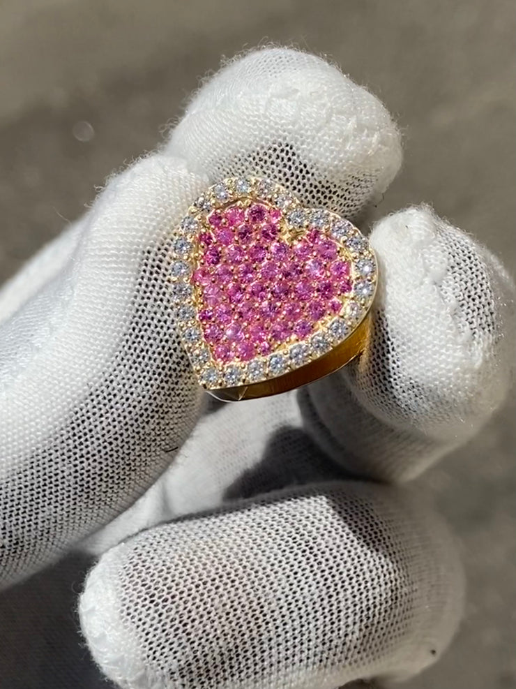 Solid Gold Sliding Heart Pendant w/ White Diamond & Pink Sapphire - Slide on Heart  w/ White Diamond Trimmed Edges and Colored Gemstone Center - Slide On Heart with Rolex Style Link Chain