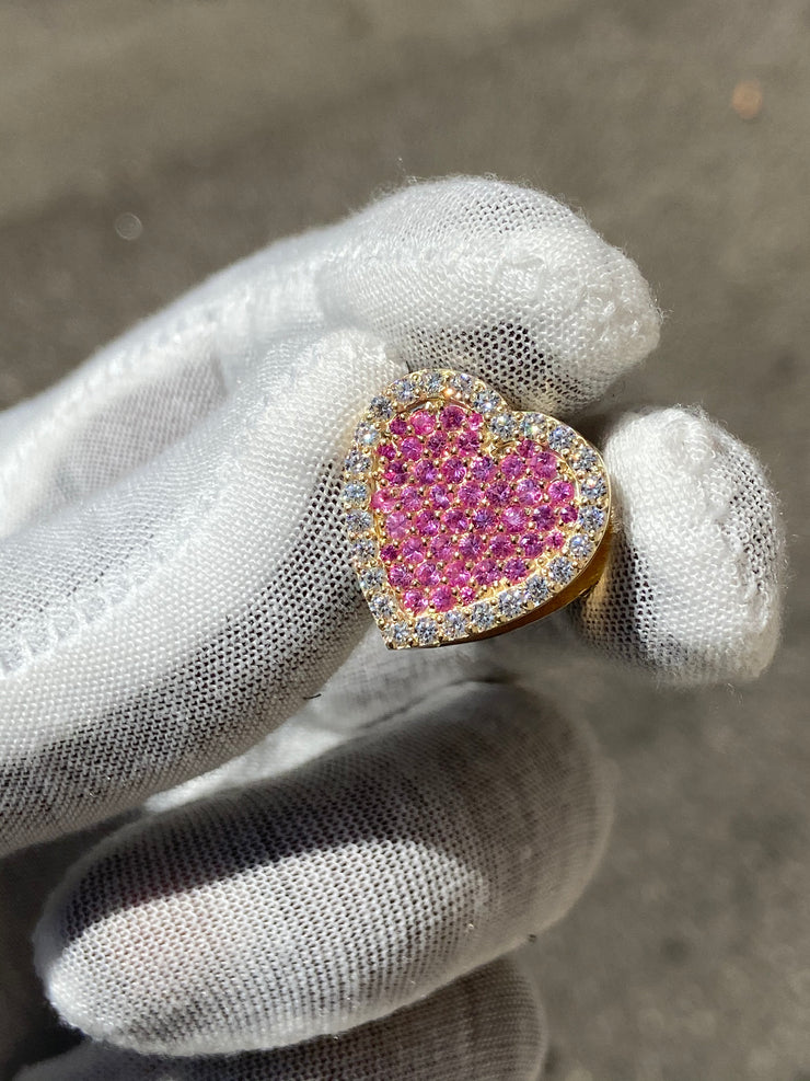Solid Gold Sliding Heart Pendant w/ White Diamond & Pink Sapphire - Slide on Heart  w/ White Diamond Trimmed Edges and Colored Gemstone Center - Slide On Heart with Rolex Style Link Chain
