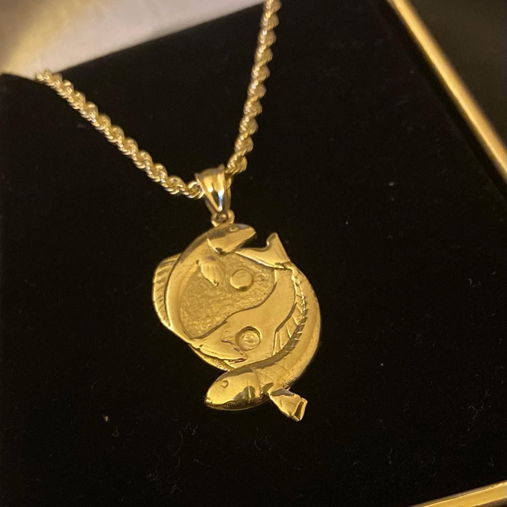 10k 14k Solid Yellow Gold Yin and Yang Pendant w/ Rope Chain - Gold Koi Fish Pendant - Yin and Yang Pendant (Includes 20in Rope Chain)