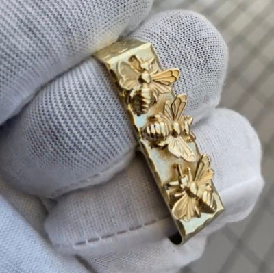 10k 14k Solid Yellow Gold 2 Finger Bee Charm Ring - Custom Gold Bee Ring - Custom Two Finger Ring