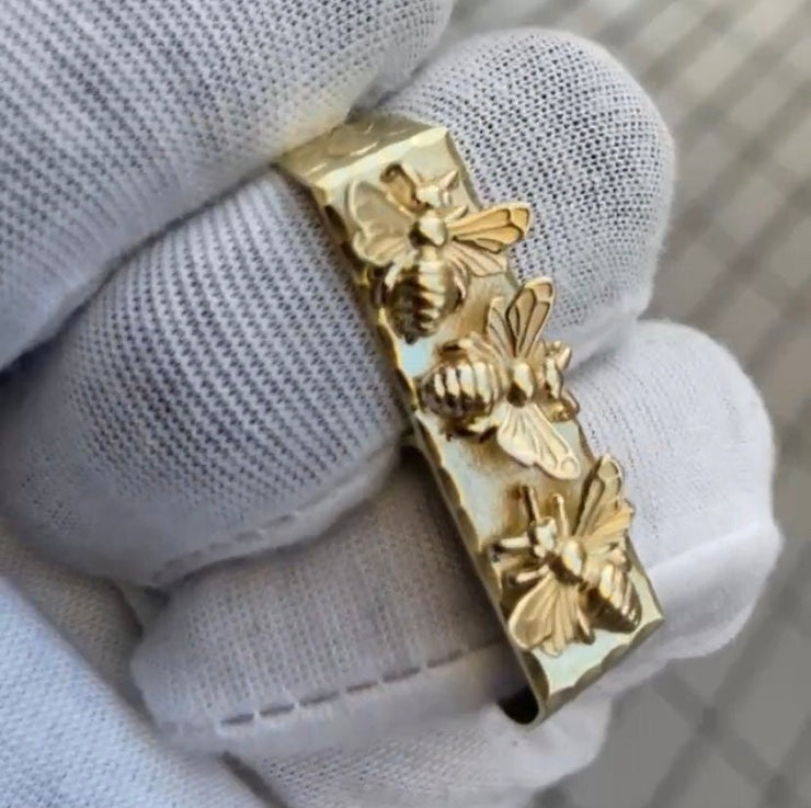 10k 14k Solid Yellow Gold 2 Finger Bee Charm Ring - Custom Gold Bee Ring - Custom Two Finger Ring