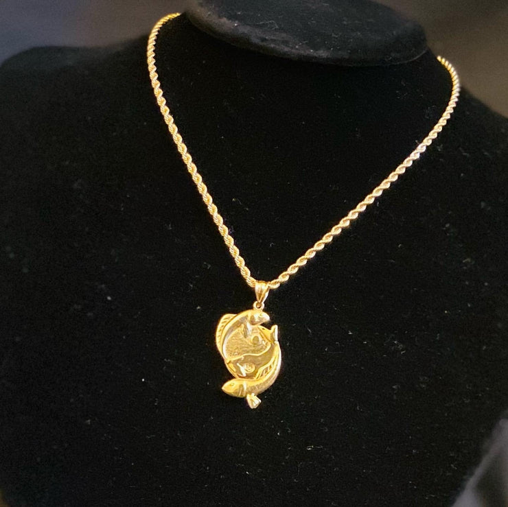 10k 14k Solid Yellow Gold Yin and Yang Pendant w/ Rope Chain - Gold Koi Fish Pendant - Yin and Yang Pendant (Includes 20in Rope Chain)