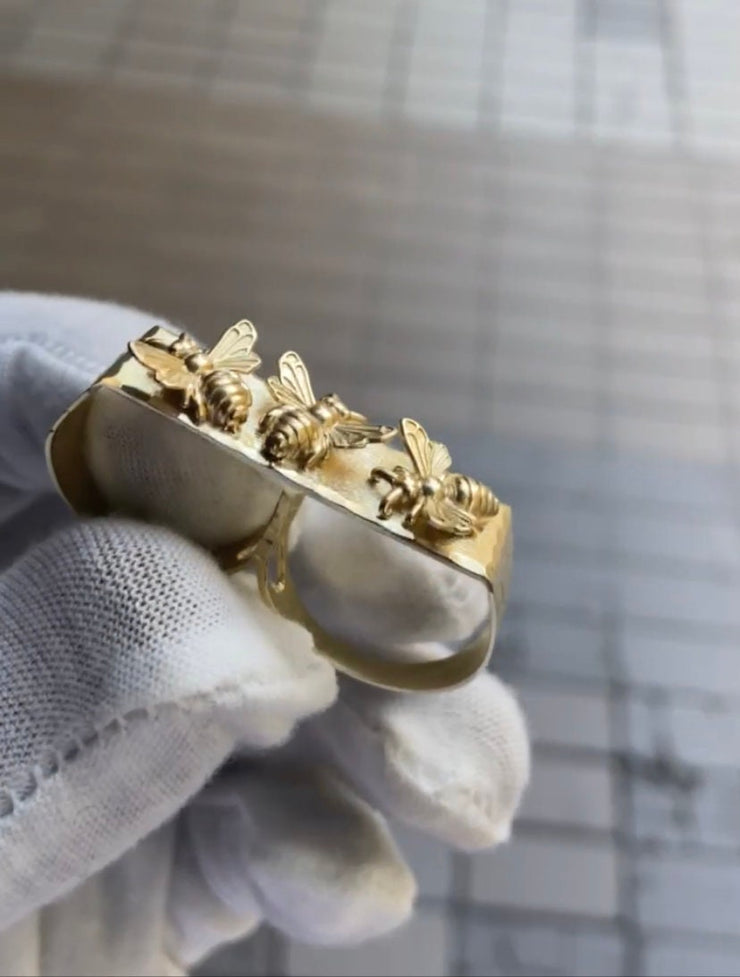 10k 14k Solid Yellow Gold 2 Finger Bee Charm Ring - Custom Gold Bee Ring - Custom Two Finger Ring