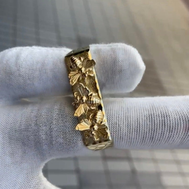 10k 14k Solid Yellow Gold 2 Finger Bee Charm Ring - Custom Gold Bee Ring - Custom Two Finger Ring