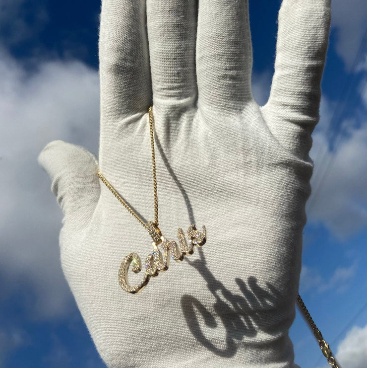 Solid Gold & Diamond Custom Name Pendant w/ Diamond Bail (~3/4in.)