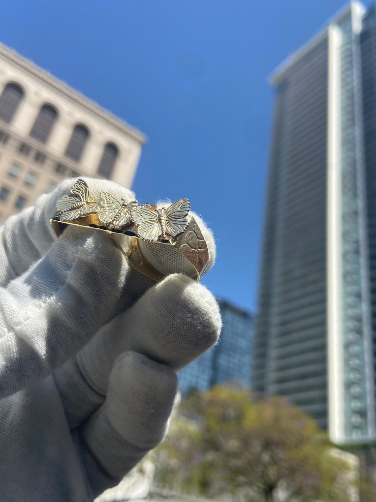 Solid Gold Two-Finger Butterfly Charm Ring, Personalized Double Finger Unisex Ring, Everyday Wear Animal Lover Jewelry, Chunky 3D Ring Gift