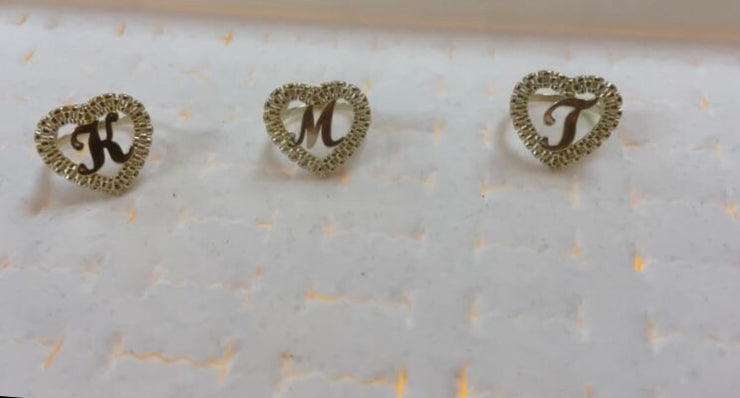 10k Yellow Gold Heart Shaped Rolex Style Initial Ring - A-Z Alphabet Ring - Rolex Heart Ring