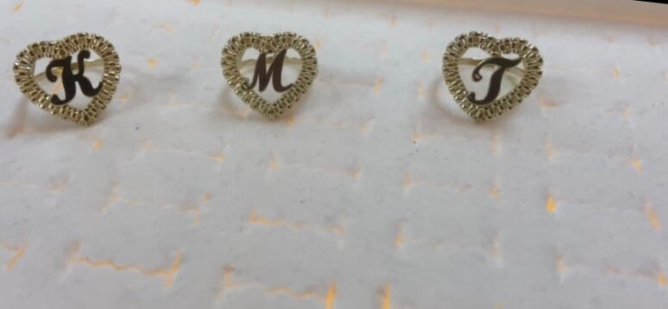 10k Yellow Gold Heart Shaped Rolex Style Initial Ring - A-Z Alphabet Ring - Rolex Heart Ring