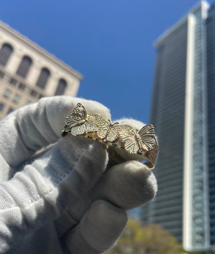 Solid Gold Two-Finger Butterfly Charm Ring, Personalized Double Finger Unisex Ring, Everyday Wear Animal Lover Jewelry, Chunky 3D Ring Gift