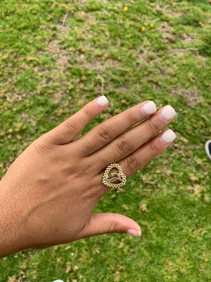 10k Yellow Gold Heart Shaped Rolex Style Initial Ring - A-Z Alphabet Ring - Rolex Heart Ring