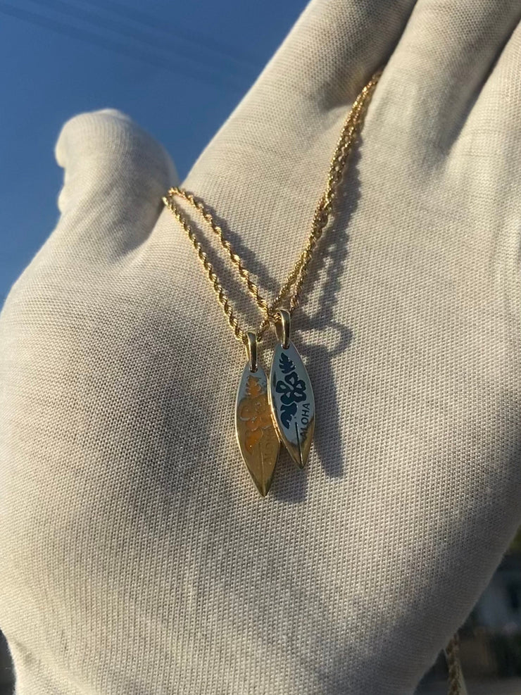 Solid Gold Glowing Enamel “Aloha” Surf Board Pendant • Multiple Color Options • Enamel SurfBoard