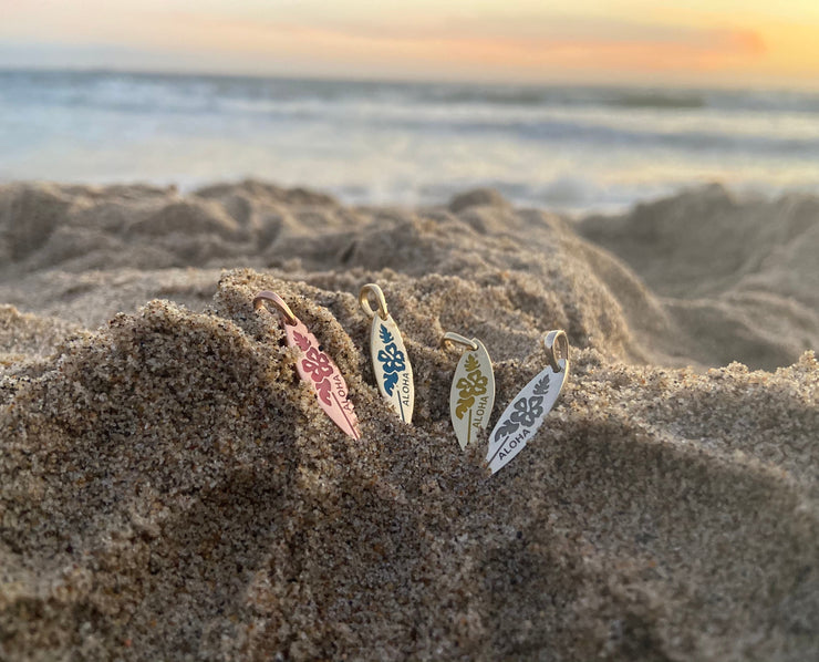 Solid Gold Glowing Enamel “Aloha” Surf Board Pendant • Multiple Color Options • Enamel SurfBoard