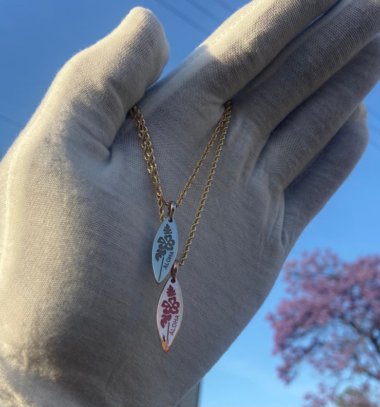 Solid Gold Glowing Enamel “Aloha” Surf Board Pendant • Multiple Color Options • Enamel SurfBoard