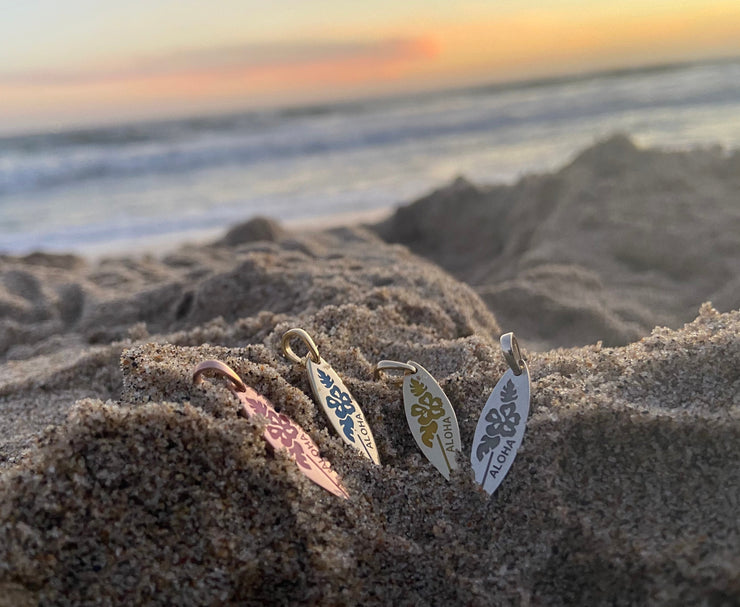Solid Gold Glowing Enamel “Aloha” Surf Board Pendant • Multiple Color Options • Enamel SurfBoard