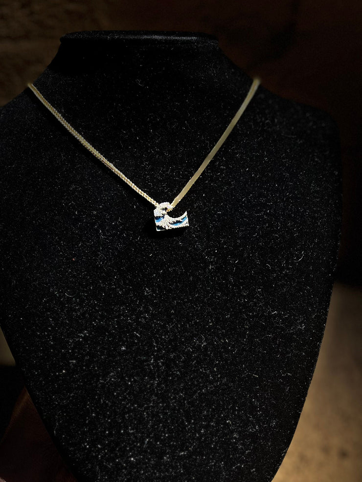 10k 14k 18k Ocean Wave Pendant w/ Palm Chain - Solid Gold w/ Diamonds and Glowing Ocean Blue Colored Enamel - Gold Tsunami Pendant - Enamel Wave
