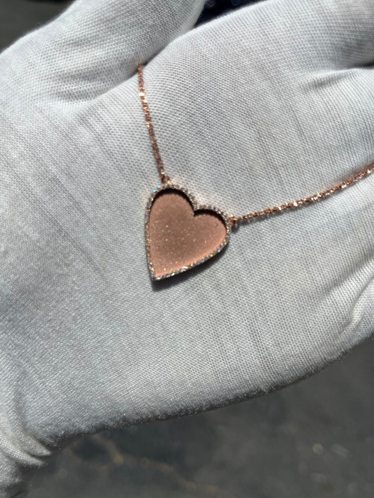 10k 14k 18k Diamond Trimmed Rose Gold Heart Shaped Pendant & Chain Set - Heart Shaped Picture Pendant - 10k and 14k Gold Memory Pendant