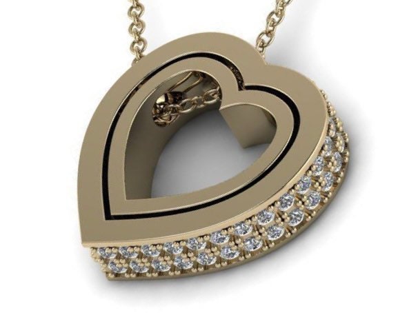 Yellow Gold Diamond Trimmed Heart Shaped Pendant w/ Chain - Double Heart Gold Pendant - Two Heart Diamond Gold Pendant - 10k and 14k Gold