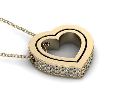 Yellow Gold Diamond Trimmed Heart Shaped Pendant w/ Chain - Double Heart Gold Pendant - Two Heart Diamond Gold Pendant - 10k and 14k Gold