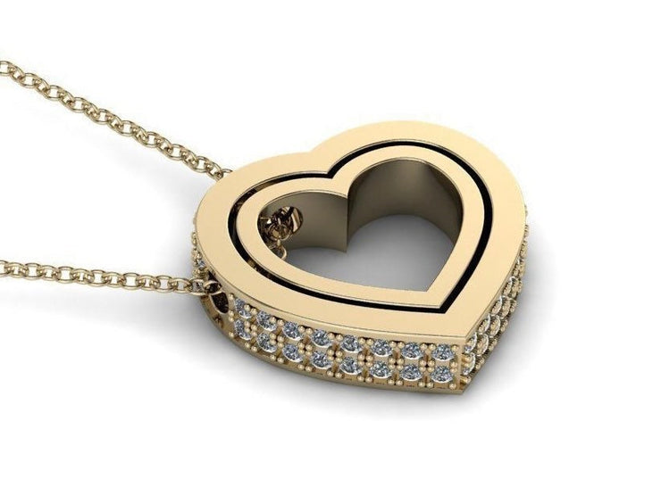 Yellow Gold Diamond Trimmed Heart Shaped Pendant w/ Chain - Double Heart Gold Pendant - Two Heart Diamond Gold Pendant - 10k and 14k Gold