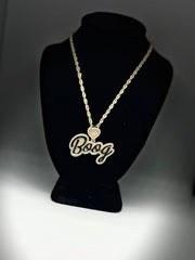 Natural Diamond Trimmed Custom Gold Name Pendants w/ Custom Emoji Bail - Rope Chain Included