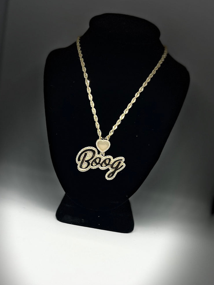 Natural Diamond Trimmed Custom Gold Name Pendants w/ Custom Emoji Bail - Rope Chain Included