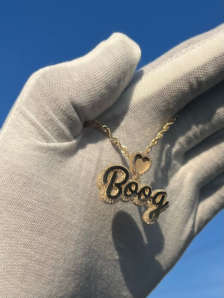 Natural Diamond Trimmed Custom Gold Name Pendants w/ Custom Emoji Bail - Rope Chain Included