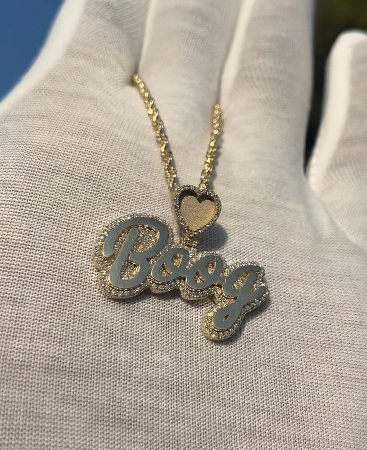 Natural Diamond Trimmed Custom Gold Name Pendants w/ Custom Emoji Bail - Rope Chain Included