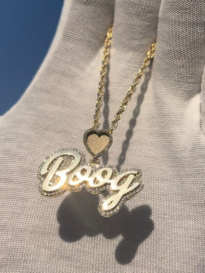 Natural Diamond Trimmed Custom Gold Name Pendants w/ Custom Emoji Bail - Rope Chain Included