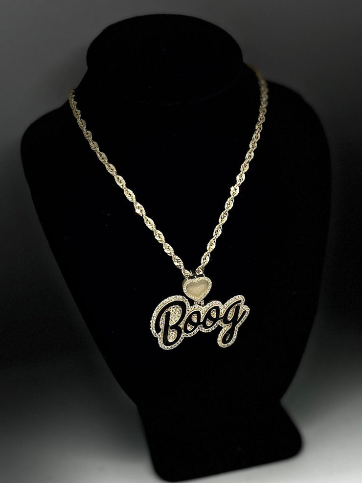 Natural Diamond Trimmed Custom Gold Name Pendants w/ Custom Emoji Bail - Rope Chain Included