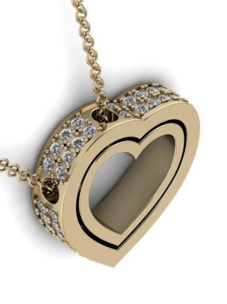 Yellow Gold Diamond Trimmed Heart Shaped Pendant w/ Chain - Double Heart Gold Pendant - Two Heart Diamond Gold Pendant - 10k and 14k Gold