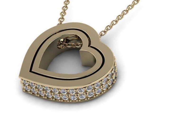 Yellow Gold Diamond Trimmed Heart Shaped Pendant w/ Chain - Double Heart Gold Pendant - Two Heart Diamond Gold Pendant - 10k and 14k Gold