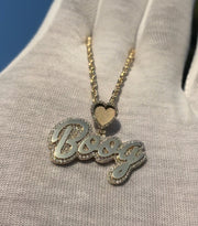 Natural Diamond Trimmed Custom Gold Name Pendants w/ Custom Emoji Bail - Rope Chain Included