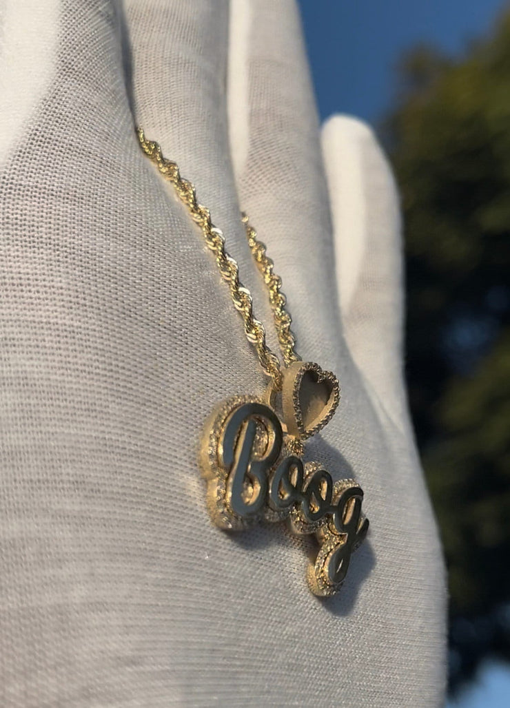 Natural Diamond Trimmed Custom Gold Name Pendants w/ Custom Emoji Bail - Rope Chain Included
