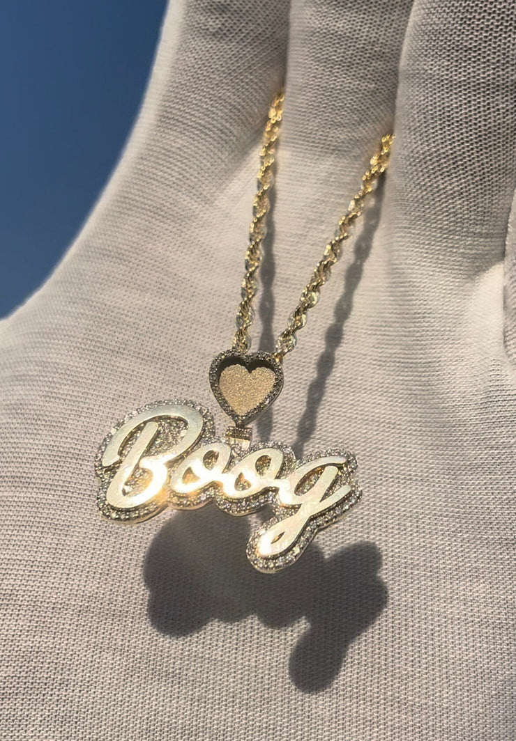 Natural Diamond Trimmed Custom Gold Name Pendants w/ Custom Emoji Bail - Rope Chain Included