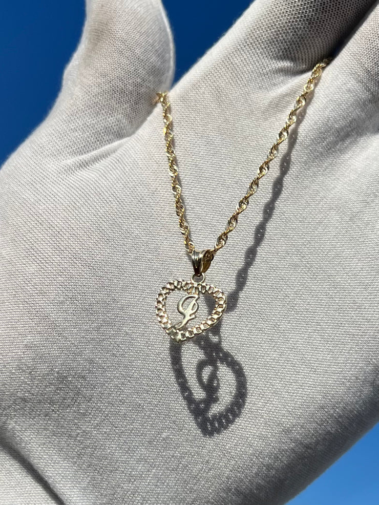 10k Yellow Gold Heart Shaped Rolex Style Initial Pendant w/ Rope Chain -  A-Z Alphabet Pendant w/ Chain