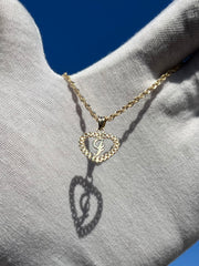 10k Yellow Gold Heart Shaped Rolex Style Initial Pendant w/ Rope Chain -  A-Z Alphabet Pendant w/ Chain
