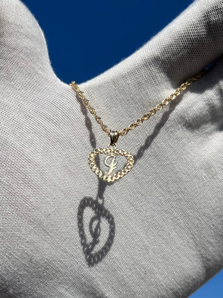 10k Yellow Gold Heart Shaped Rolex Style Initial Pendant w/ Rope Chain -  A-Z Alphabet Pendant w/ Chain