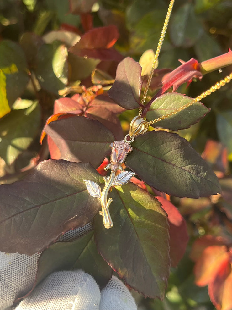 Solid Gold Rose Pendant w/ Chain - Three Color Rose Charm - Yellow, White, and Rose Gold Rose Charm w/ Chain