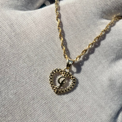 10k Yellow Gold Heart Shaped Rolex Style Initial Pendant w/ Rope Chain -  A-Z Alphabet Pendant w/ Chain