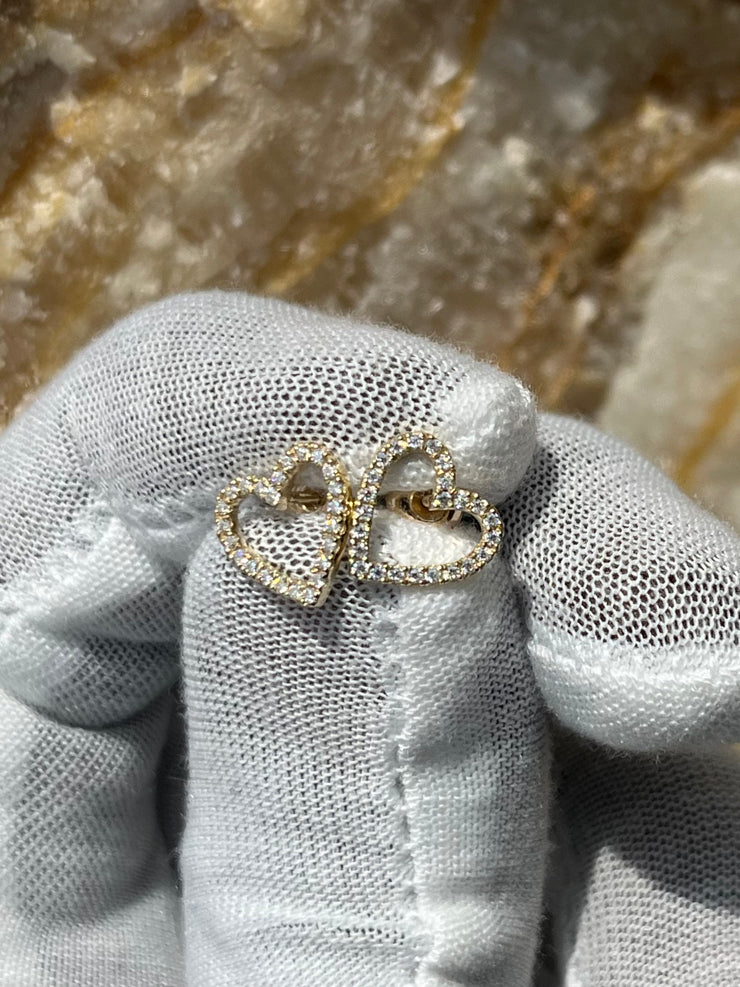 10k 14k Solid Gold Heart Shaped Diamond Trimmed Stud Earrings