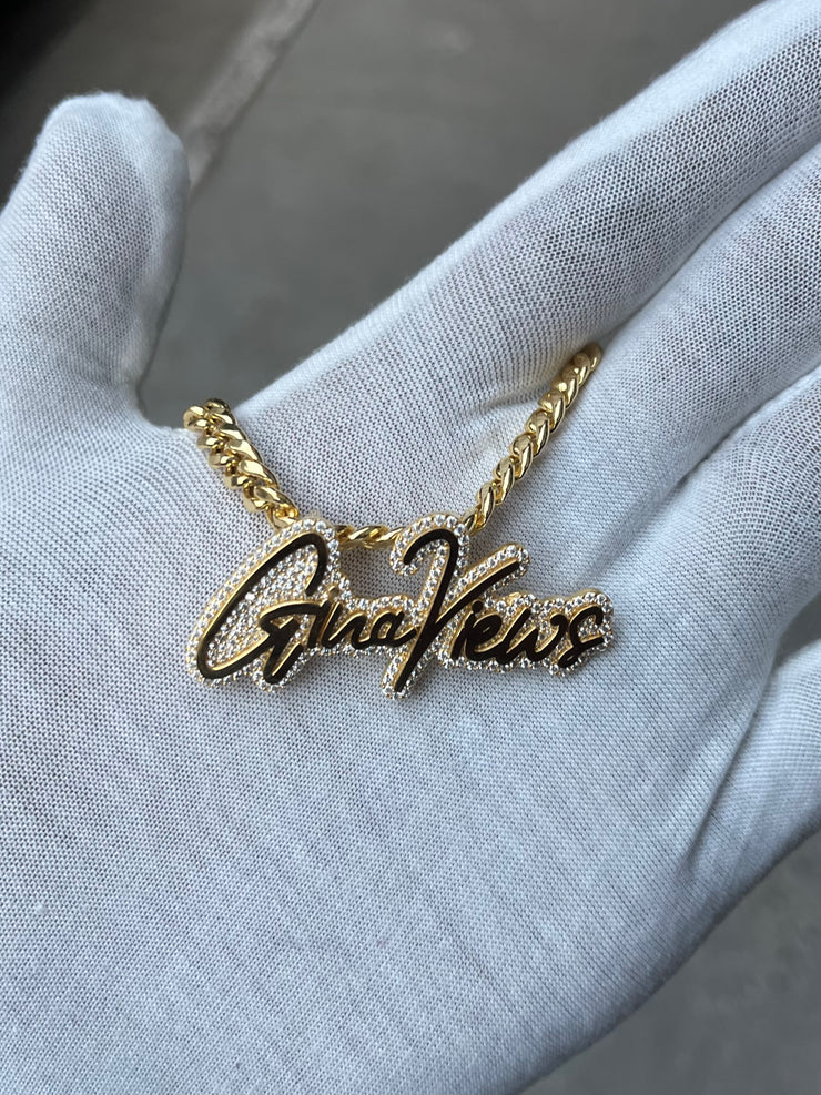 Natural Diamond Trimmed Custom Gold Name Pendants w/ Hidden Bail & Miami Cuban Link Chain
