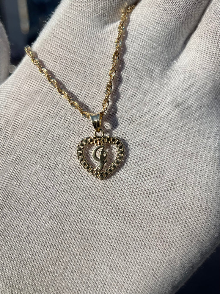 10k Yellow Gold Heart Shaped Rolex Style Initial Pendant w/ Rope Chain -  A-Z Alphabet Pendant w/ Chain