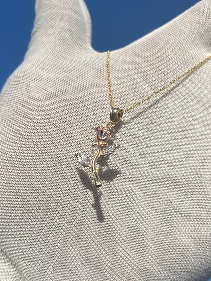 Solid Gold Rose Pendant w/ Chain - Three Color Rose Charm - Yellow, White, and Rose Gold Rose Charm w/ Chain
