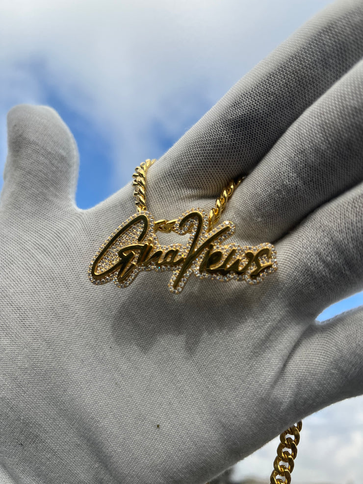 Natural Diamond Trimmed Custom Gold Name Pendants w/ Hidden Bail & Miami Cuban Link Chain