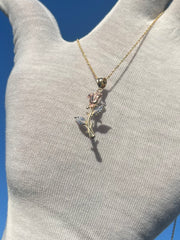 Solid Gold Rose Pendant w/ Chain - Three Color Rose Charm - Yellow, White, and Rose Gold Rose Charm w/ Chain