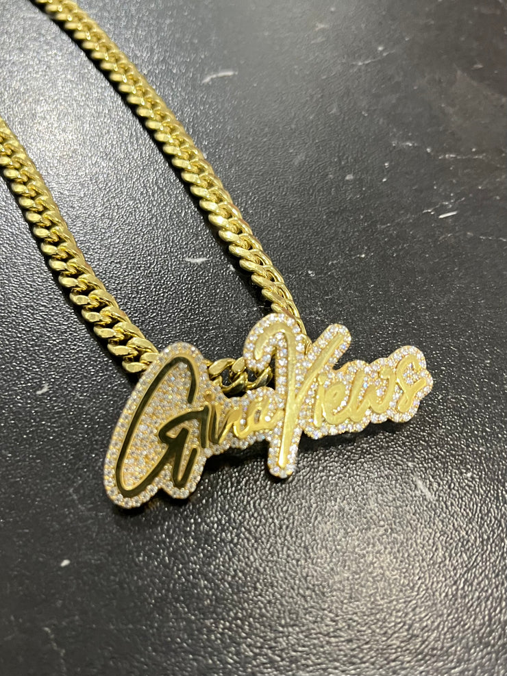 Natural Diamond Trimmed Custom Gold Name Pendants w/ Hidden Bail & Miami Cuban Link Chain