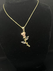 Solid Gold Rose Pendant w/ Chain - Three Color Rose Charm - Yellow, White, and Rose Gold Rose Charm w/ Chain
