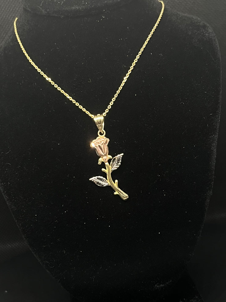 Solid Gold Rose Pendant w/ Chain - Three Color Rose Charm - Yellow, White, and Rose Gold Rose Charm w/ Chain