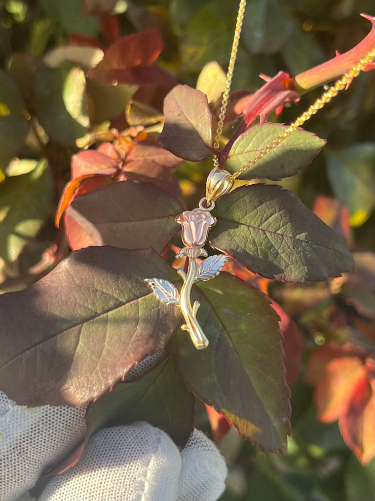 Solid Gold Rose Pendant w/ Chain - Three Color Rose Charm - Yellow, White, and Rose Gold Rose Charm w/ Chain