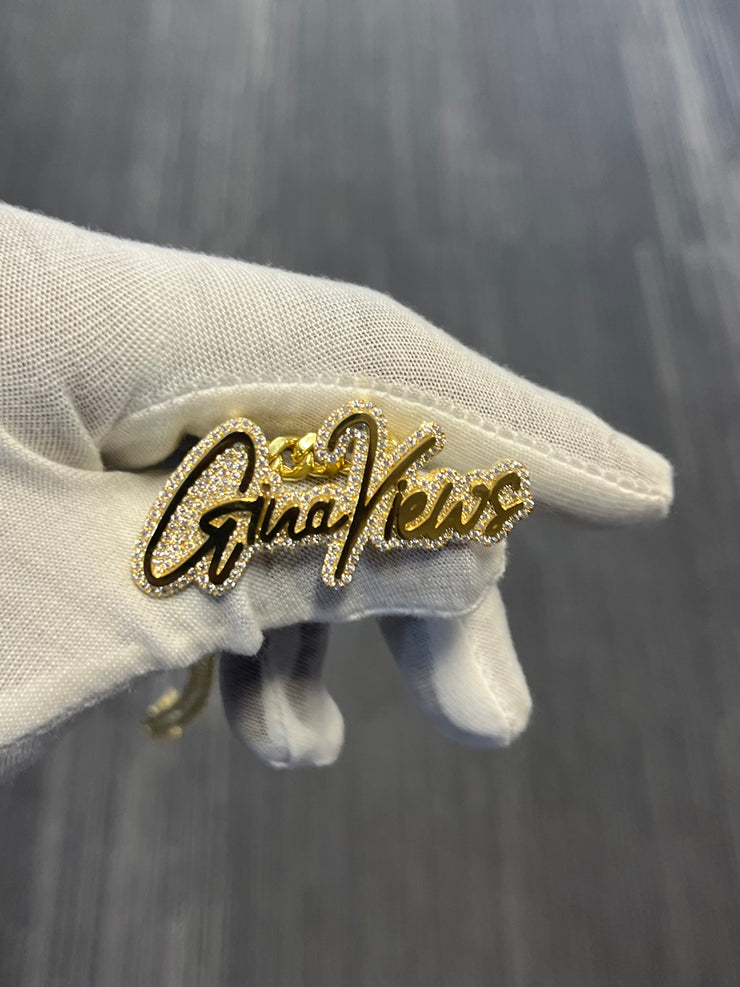 Natural Diamond Trimmed Custom Gold Name Pendants w/ Hidden Bail & Miami Cuban Link Chain